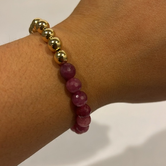 Natural Ruby and 14k Gold Filled Gemstone Halfsie Handmade Stretch Bracelet - Picture 4 of 12